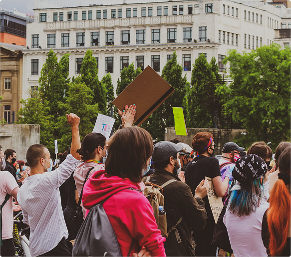 Students gathering in front of educational building