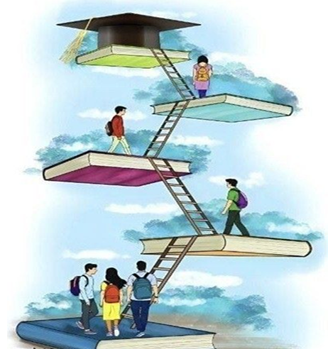 Students climbing books illustration